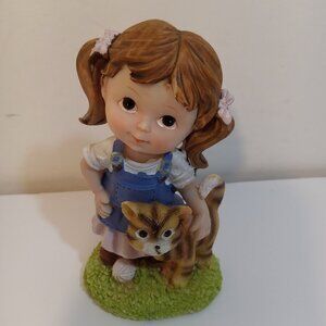 Tender Times Figurine Little Girl With Cat Blue Pink 4.5" Resin Felt Bottom